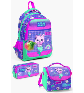 Coral High Kids Su Yeşili Lavanta Unicorn Kedi Desenli 3’lü Okul Çanta Seti SET0123478