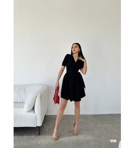 Kadın Kruvaze Yaka Kısa Kol Mini Kloş Elbise