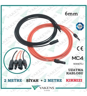 Güneş Paneli Uzatma Kablosu (2m+2m) 4 Metre 6mm Çift Taraflı Hazır Soketli Solar Ara Kablo Siyah Kırmızı (Siyah-Kırmızı)