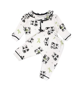 Unisex Ekru Siyah Panda Desenli Kruvaze Yaka Pijama Takımı