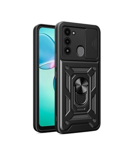 Tecno Spark 8C Kılıf Yüzüklü Standli Sürgülü Kamera Korumalı Tank Sert Silikon Kapak (Siyah)