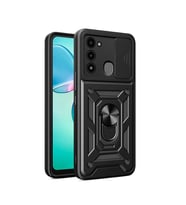 Tecno Spark 8C Kılıf Yüzüklü Standli Sürgülü Kamera Korumalı Tank Sert Silikon Kapak (Siyah)