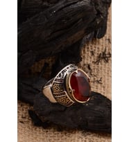 Kırmızı Zirkon Topaz Taşlı Yanı Figür Ve Taş İşlemeli Erkek Gümüş Yüzük GYZZRCKR 6618900002815