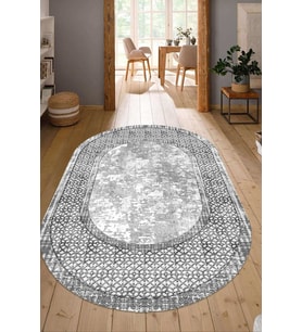 Dijital Baskılı Kaymaz Taban Yıkanabilir Oval Salon Halısı Mutfak Halısı Yolluk NDO-SD-663 (Gri)