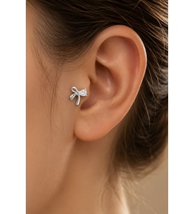 Sertifikalı 316L Çelik Damla Taşlı Asimetrik Fiyonk Figürlü Premium Gümüş Renk Tragus ve Helix Piercing