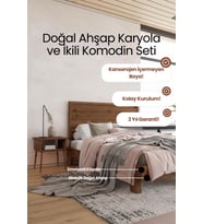 Hüma Model Yatay Başlıklı Masif Ahşap Karyola ve 2 Adet Komodin Kolay Kurulum Fırınlanmış İthal Sibirya Çamı 90x190 Yatak Uyumlu 2 Adet Komodin