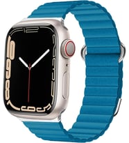 Apple Watch 44mm Kordon Mıknatıslı Magnetik Deri Kordon (Mavi)