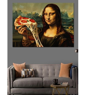 Pizza Dilimi Tutan Mona Lisa Dekoratif Kanvas - Mdf Ahşap Tablo