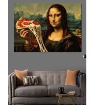 Pizza Dilimi Tutan Mona Lisa Dekoratif Kanvas - Mdf Ahşap Tablo