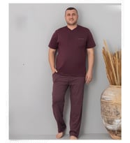 Pijamoni Erkek Battal Düğme Yaka Penye Kısa Kol  Pijama Takımı 6730/2 - 1 Adet (Mürdüm)