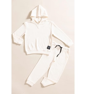 2'li Kapişonlu Ekru Waffle Sweat Jogger Alt Üst Takım