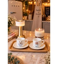 Doğum Günü, Özel Gün, Yeni İş, Yeni Ev Hediyesi İkili Porselen Fincan, Masa Lambası, Soya Mum ve Ahşap Tepsi Seti