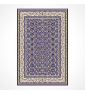Lacivert Krem Bej Gold Yoğun Floral Motifli Geniş Bordürlü Klasik Salon ve Oturma Odası Halısı Makine Dokuma