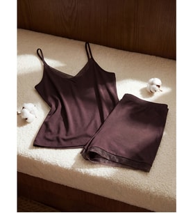 LCW DREAM Kahverengi V Yaka Tül Detaylı Kadın Şortlu Pijama Takımı