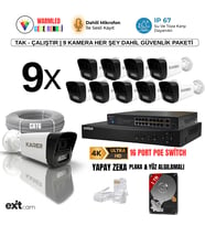 9'lu IP KAMERA-POELİ-5MP-ULTRA HD-4K 1920 ÇÖZÜNÜRLÜK-SESLİ-GECE RENKLİ GÖRÜŞ-İNSAN ve PLAKA ALGILAMALI SET (Beyaz)