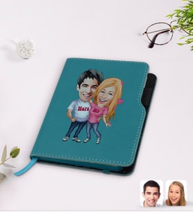 BK Gift Kişiye Özel Sevgililer Karikatürlü Turkuaz Termo Deri Defter-5
