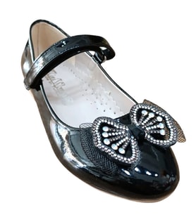 Mini Women 0125 Kız Çocuk Taşlı Fiyonklu Babet (Siyah Rugan)