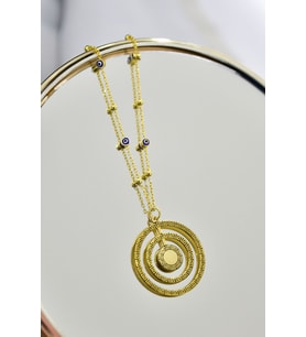 925 Ayar Gümüş Gold Kaplama Greek Desenli Dönence İç İçe Daire Harfli Nazar Mineli Zincirli Kolye