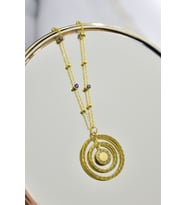 925 Ayar Gümüş Gold Kaplama Greek Desenli Dönence İç İçe Daire Harfli Nazar Mineli Zincirli Kolye