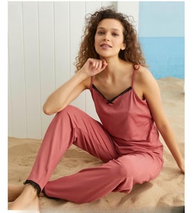 Pijamoni Kadın İp Askılı  Kaşkorse Viskoz Likralı Pijama Takımı 5533-1 / 1 Adet (Gül Kurusu)