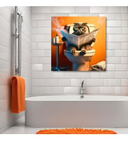 Tekli Kare Kanvas Banyo Tablosu Gazete Okuyan Gri Scottish Fold