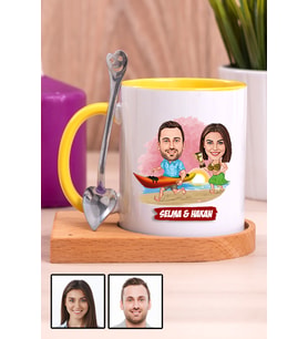 Sevgiliye Hediye Yaz Temalı Karikatürlü Ahşap Altlıklı Sarı Kupa Bardak