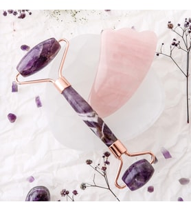 Ametist Roller ve Pembe Kuvars Kaz Ayağı Gua Sha Takımı (Karışık)