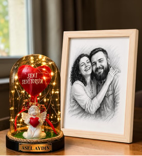 Kişiye Özel Karakalem Fotoğraflı Ahşap Çerçeve ve İsimli Led Işıklı Beyaz Melekli Fanus Hediye Seti