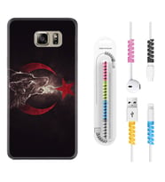 Samsung S7 Edge S20 Fe Plus Ultra S21 S22 Kılıf Kablo Koruma Spiral Silikon Kurt ve Ay Yıldız 1403