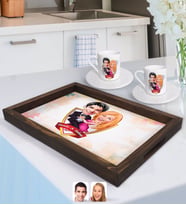 BK Gift Kişiye Özel İsimli Sevgililer Karikatürlü Doğal Ahşap Tepsi ve 2’li Kahve Fincan Seti-13