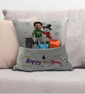 BK Gift Kişiye Özel Yılbaşı Karikatür Tasarımlı Organizer Kumanda ve Atıştırmalık Cepli Gri Kırlent Yastık- 9, Yılbaşı Hediyesi, Yeni Yıl Hediyeleri