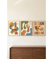 Modern Geometrik ve Retro Formlar Temalı 3’lü Ahşap Çerçeveli Tablo Seti