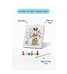 Kedi Figürlü Çocuk Boyama Tuvali – Şövalesiz Boya Seti 20x20
