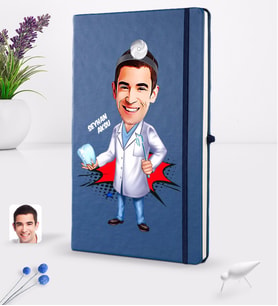 BK Gift Kişiye Özel Erkek Diş Hekimi Karikatürlü Lacivert Termo Deri Defter 16x24cm Model 3