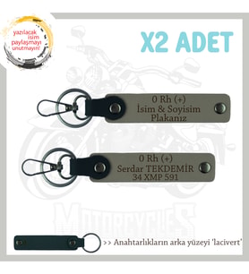Motorcu Kuryelere Özel, İsim Plaka ve 0 Rh (+) Kan Grubu Yazılı x2' li Anahtarlık Set, Kül Gri-Laci