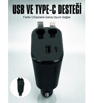 Araç Çakmaklık Şarj Cihazı 120w Type-c & Lightning Kablolu Çoklu Hızlı Şarj İstasyonu
