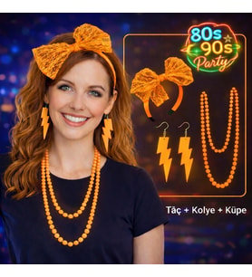 80’ler 90’lar Neon Turuncu Parti Seti – Kolye Küpe Taç