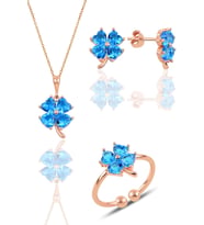 Gümüş rose akuamarin taşlı yonca kolye küpe ve yüzük üçlü set SGTL11664MAVI