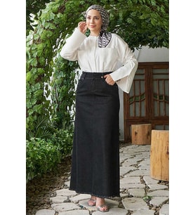 2252-Denim Püsküllü  Etek Siyah