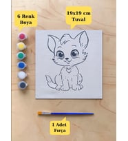 Çocuklar İçin Sevimli Kedi Baskılı Tuval Boyama Seti – Hayal Gücünü Keşfet! 19x19 Cm (Tuval, Fırça ve 6 Renk Akrilik Boya Seti)