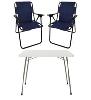Bofigo 60X80 Beyaz Katlanır Masa + 2 Adet Katlanır Sandalye Kamp Seti Bahçe Takımı Lacivert