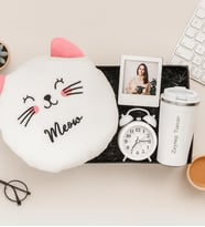 Kişiye Özel Fotoğraflı Çerçeve,Masa Saati,Termos Ve Kedi Yastık Hediye Seti (Beyaz)