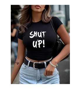 Kadın Crop Baby Tee Shut Up Baskılı Dar Kesim %100 Pamuk Y2K Streetwear Tişört