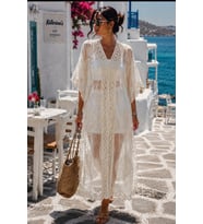Kadın İthal Dantel Pareo Kimono Plaj Elbisesi Ekru Bohem Yazlık Kaftan