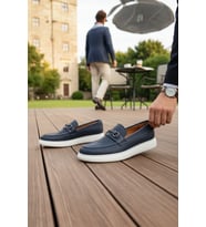 Enoch Hakiki Deri Lacivert Lazer Kesim Detaylı Beyaz Tabanlı Erkek Comfort Loafer