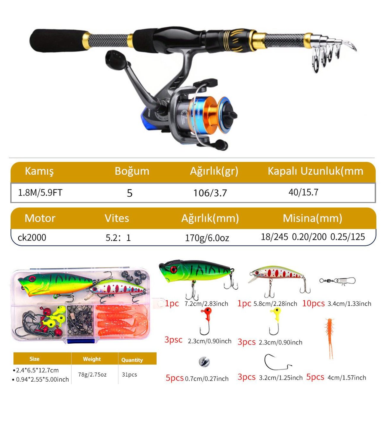 Valkyrie 1.8m Çantalı Motorlu Spin Olta Seti Silikon Rapala Misina