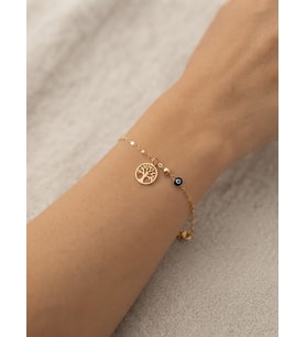 Orjinal 14 Ayar Sertifikalı Altın Aynalı Ezme Zincir Minimalist Nazar Göz Hayat Ağacı Şans Bileklik