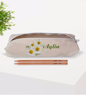 BK Gift Kişiye Özel İsimli Papatya Temalı Keten Bez Kalemlik ve İsimli Ahşap Kurşun Kalem Hediye Seti-12