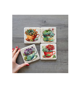 bilge tasarım Stone Decor Taş Bardak Altlığı 4'lü Set 10x10x1 Cm desenli