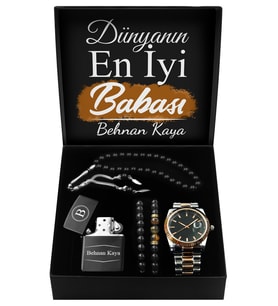 Babalar Gününe Özel Tasarım Kutu & Metal Kordonlu Siyah Saat & İkili Bileklik & Kapaklı Model Çakmak & Tesbih Hediye Seti